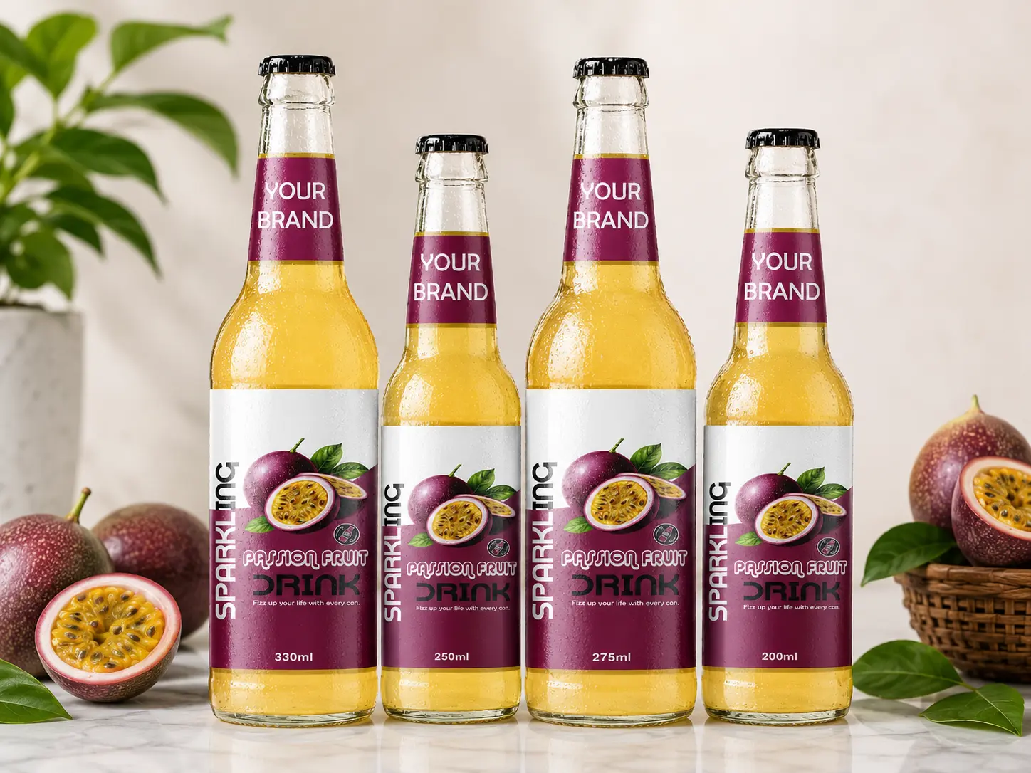 SPARKLING DRINK Passion Fruit Flavored Drink in 330ml, 250ml, 275ml, and 200ml glass bottles.